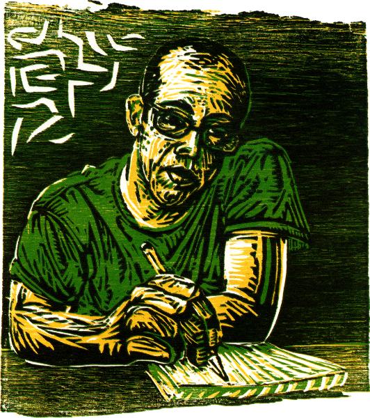 Chris Doogan, artist, self-portrait woodcut